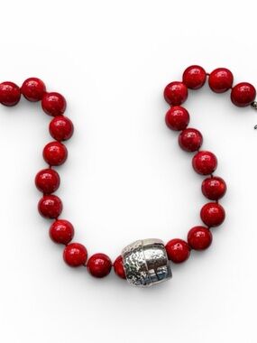 Simon Sebagg Red Coral Bead Necklace with Hammered Sterling Silver Pendant